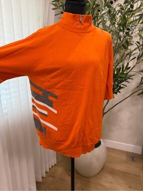 Hermes Orange Short Sleeve Zip Neck Men's Shirt with Gray and White Accent